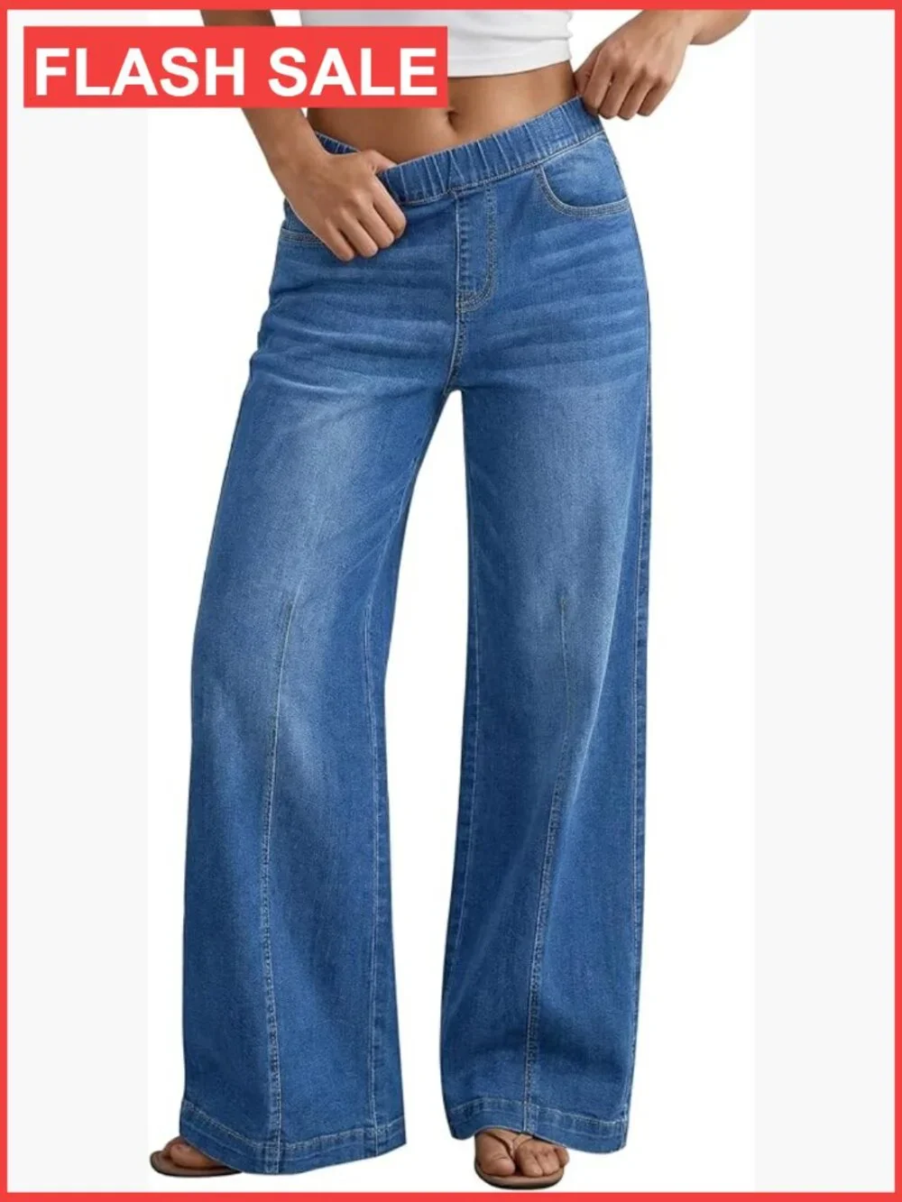 Pull On High Waisted Wide Leg Baggy Jeans Trousers Trendy 90s